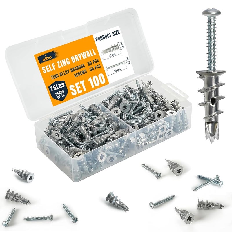 ALBO #6 Zinc Self-Drilling Drywall Anchors, 100PC Set – Includes 50 Heavy Duty Sheetrock Anchors & 50#6 x 1-1/4'' Screws – 75LB Capacity for Hanging and Mounting - Image 1